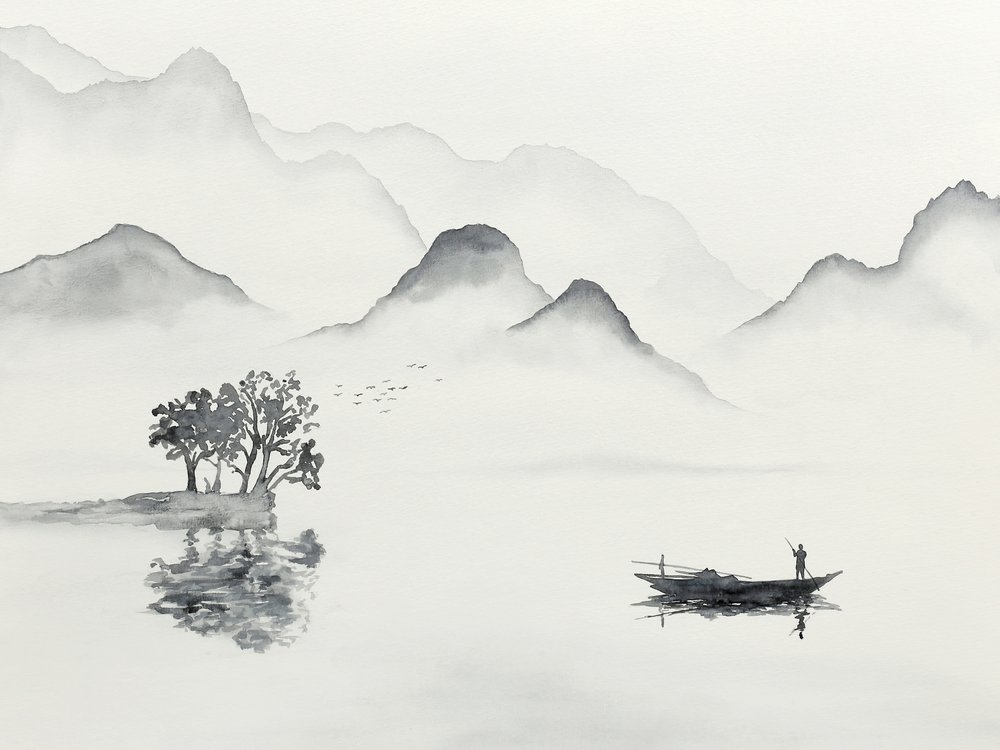 静かな山間の湖のボート 作： 