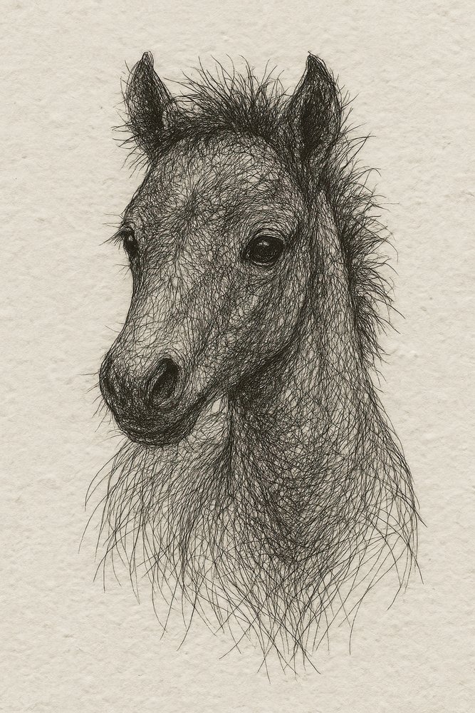 毛むくじゃらの子馬の肖像画 作： 