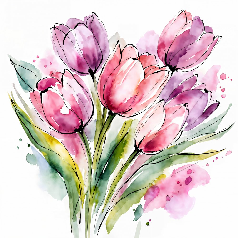 水彩画のチューリップの花束 作： 