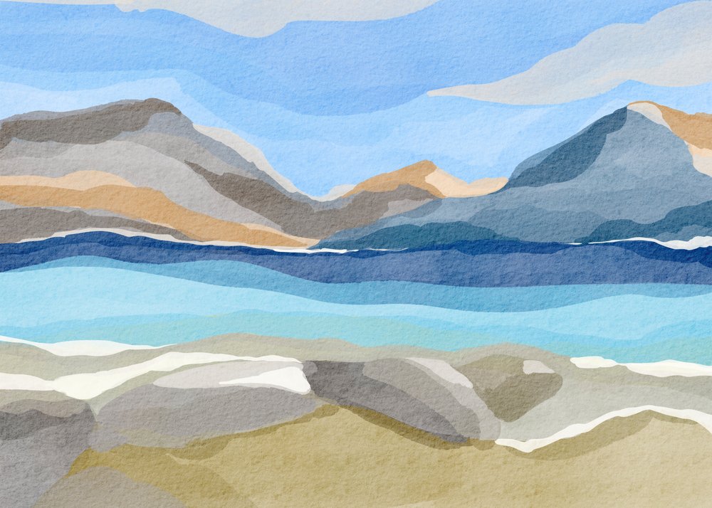 抽象的で静かな山の湖 作： 