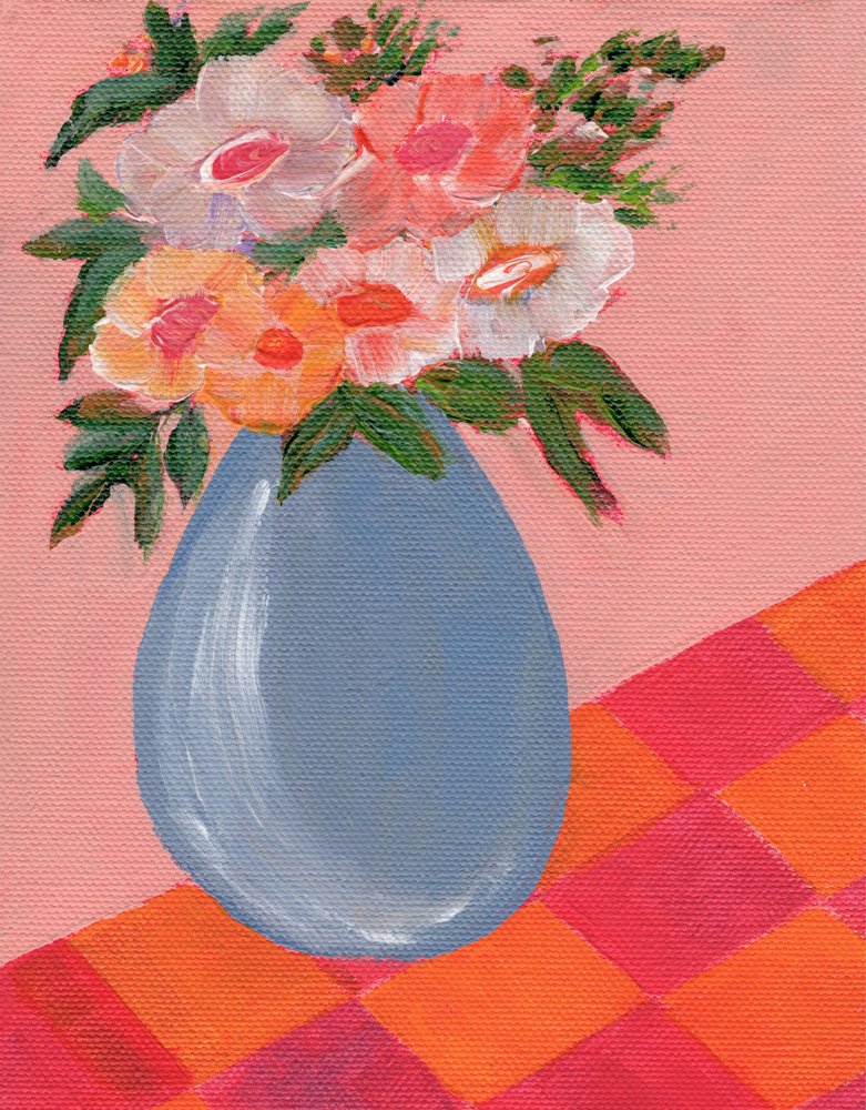 青い花瓶に飾られた色とりどりの花 作： 