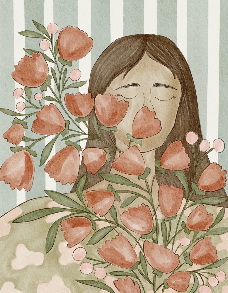 花を手にした穏やかな女性 作： 