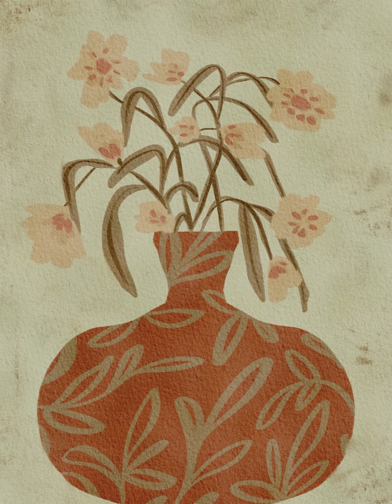 テラコッタの花瓶に咲く花々 作： 