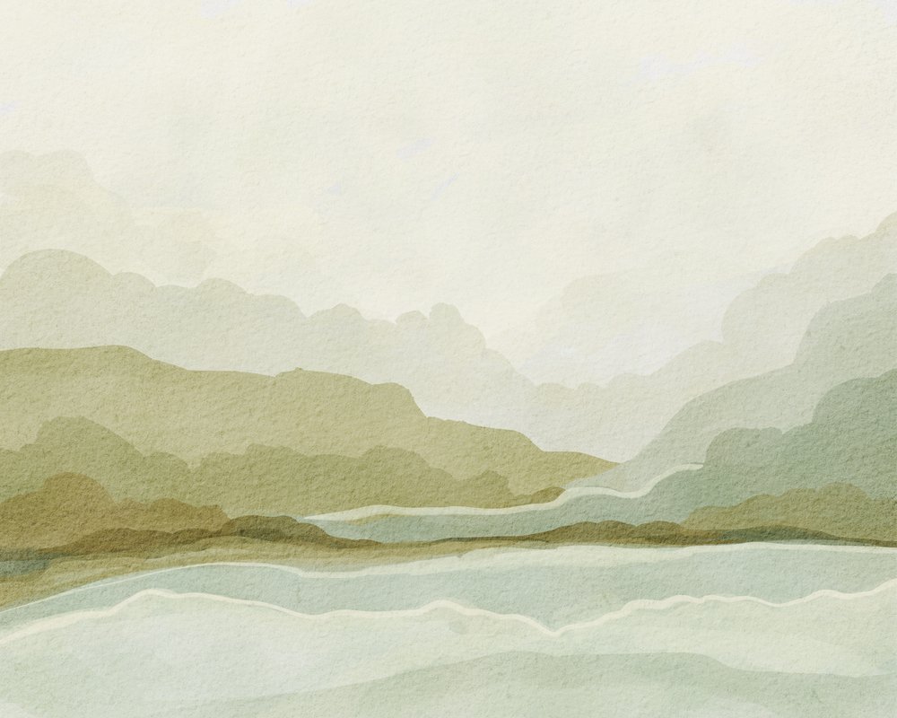水彩画：山と谷 作： 