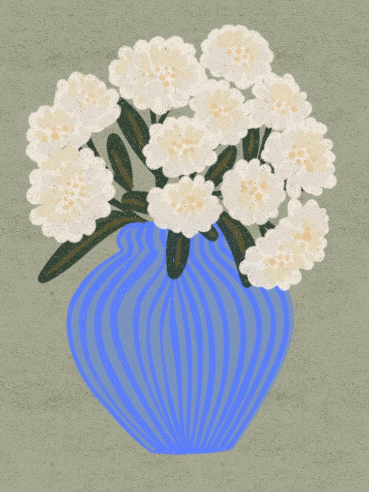 白い花と青い花瓶 作： 