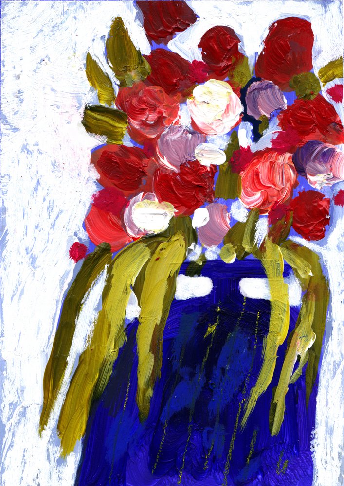 色とりどりの花と青い花瓶 作： 