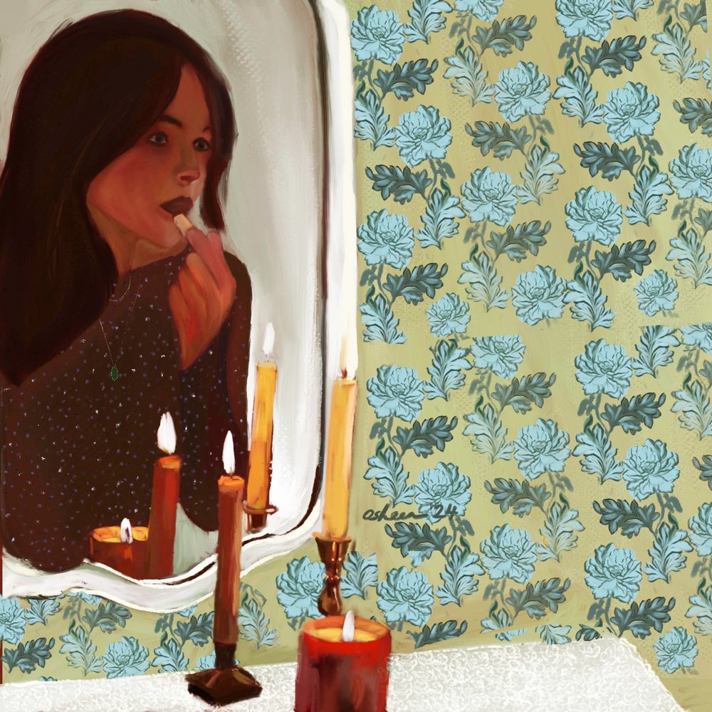 ろうそくの明かりに照らされた女性の思索 作： 