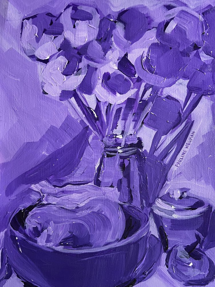 紫の花の静物画 作： 