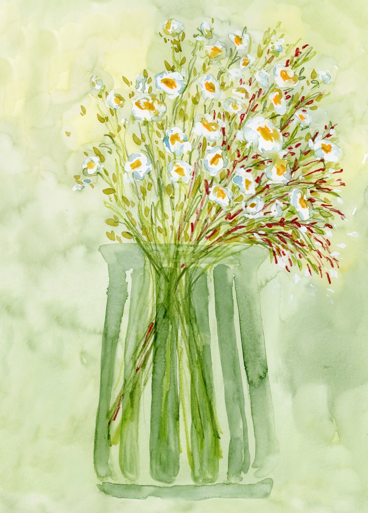緑の花瓶に白い花 作： 