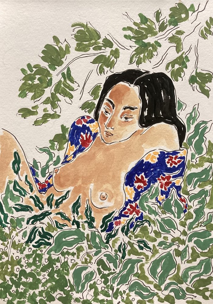 木々の間に立つ女性 作： 