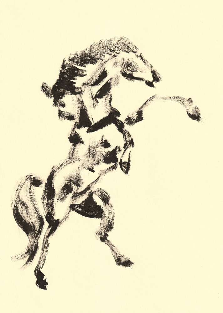 力強く前脚を上げる馬 作： 