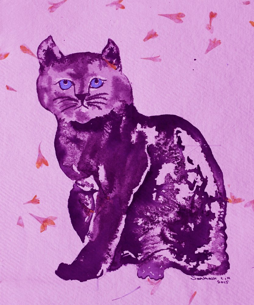 紫の猫と花びら 作： 