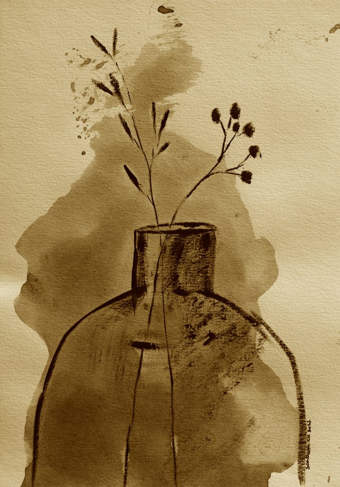 セピアの植物画の花瓶 作： 