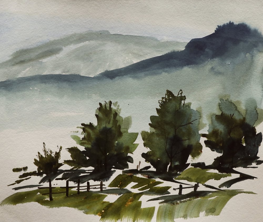 穏やかな緑の山々の風景 作： 