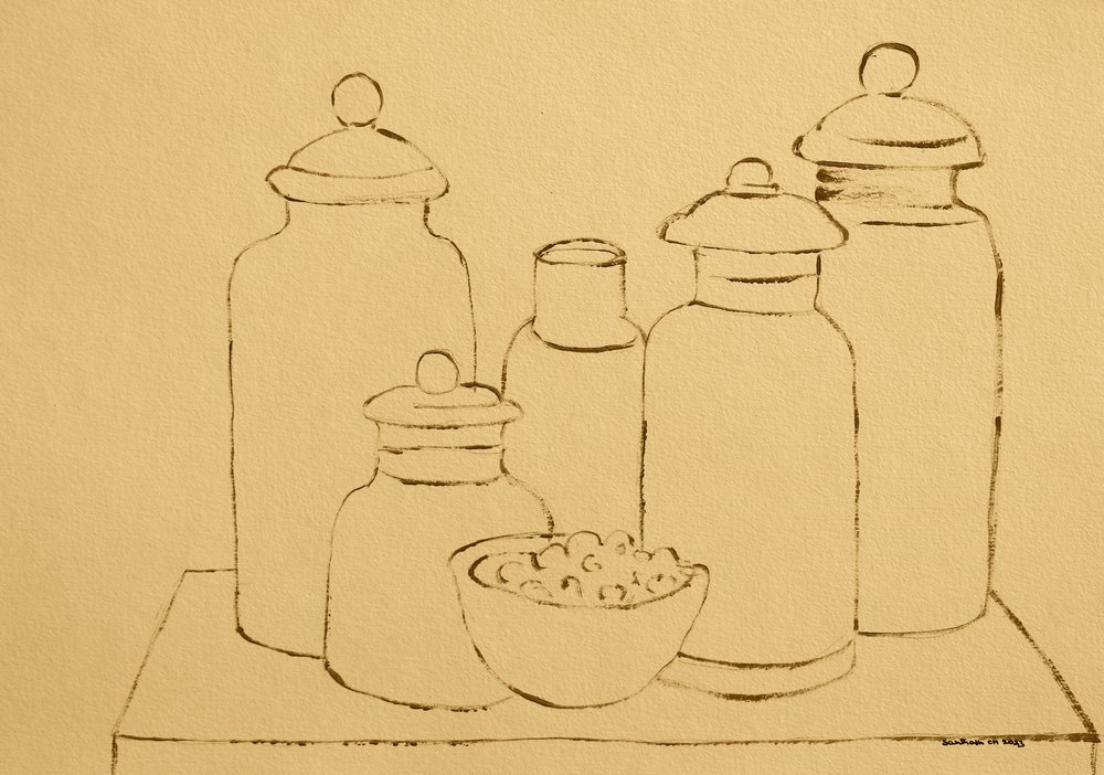 素朴な台所用瓶の静物画 作： 