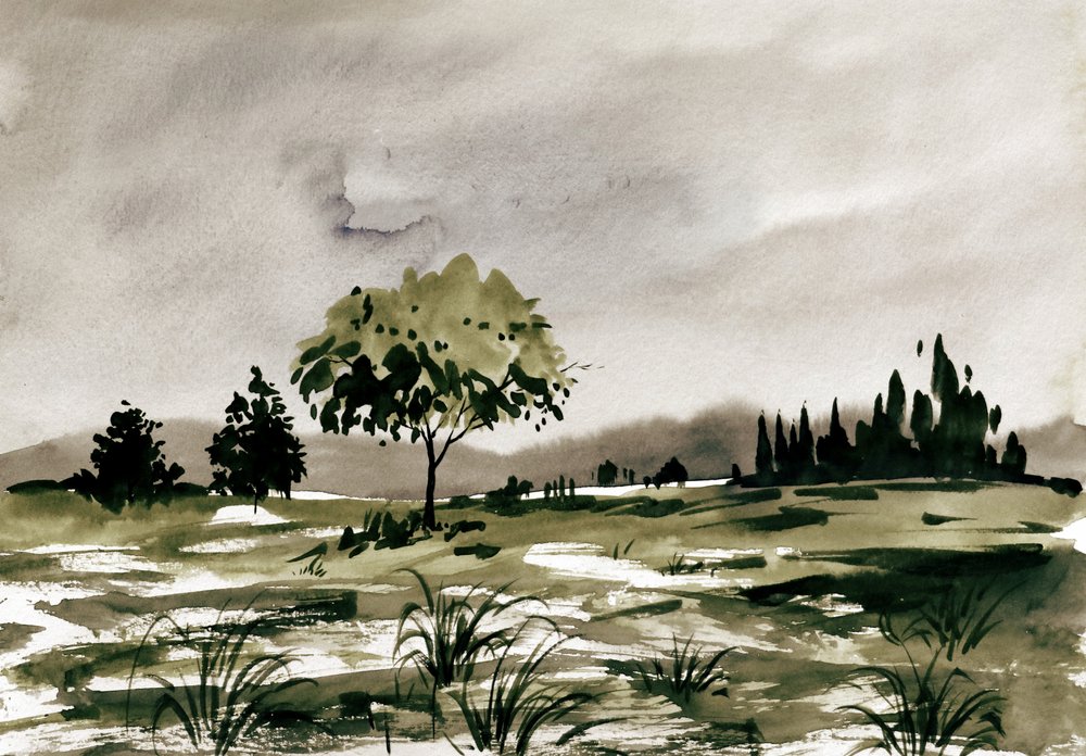水彩画の田園風景 作： 