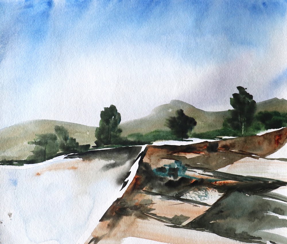 水彩画「山に映る景色」 作： 
