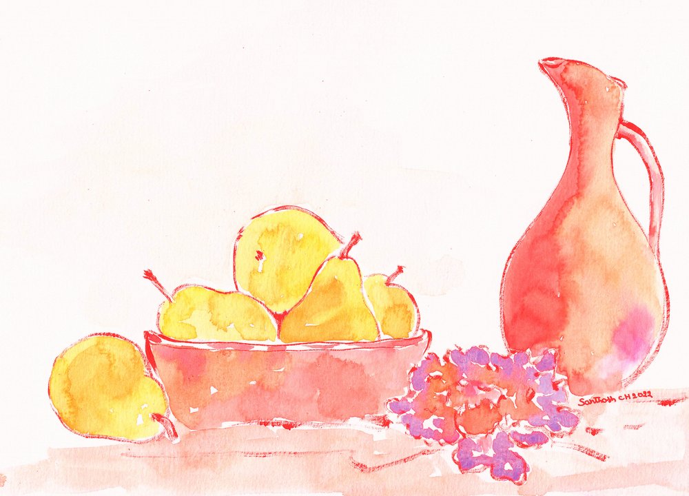 水彩画「洋梨と水差し」 作： 