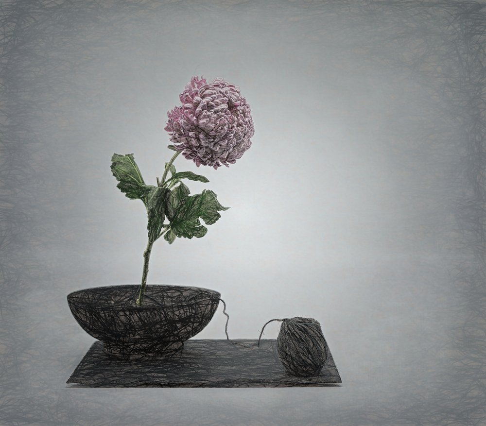 質感のあるピンクの花の静物画 作： 