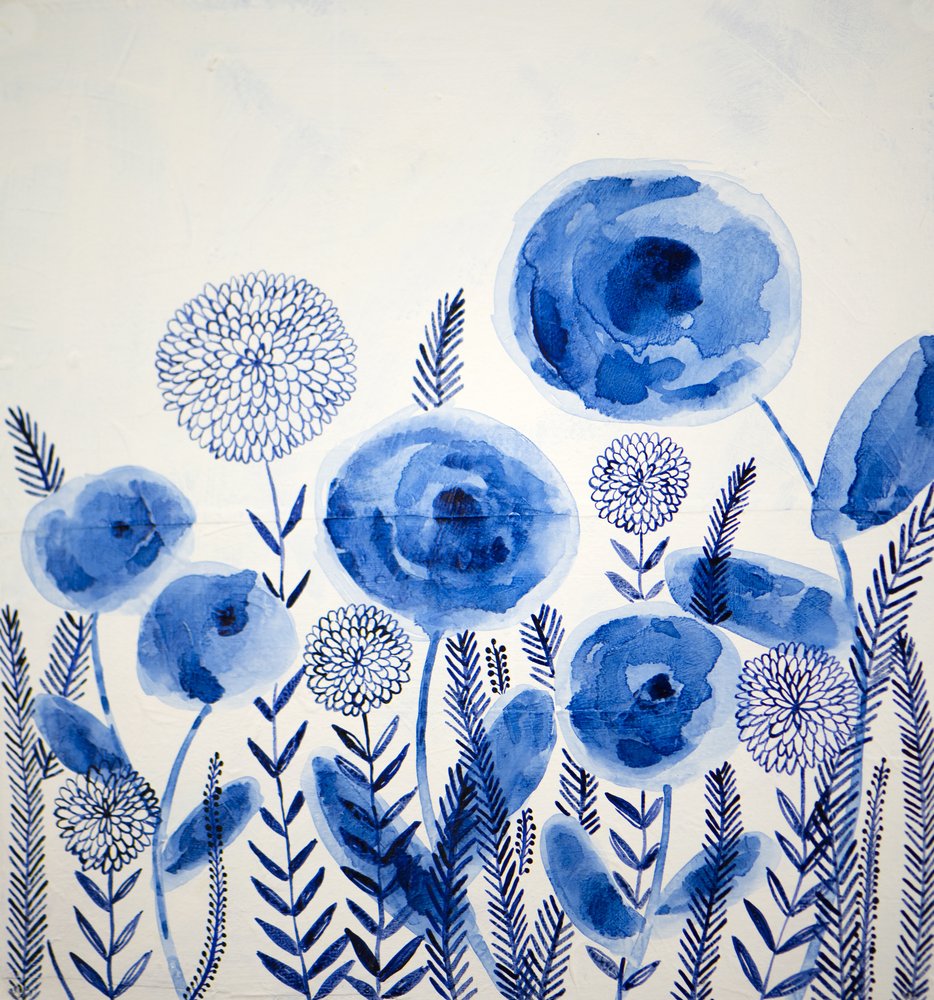 藍色の水彩の花々 作： 