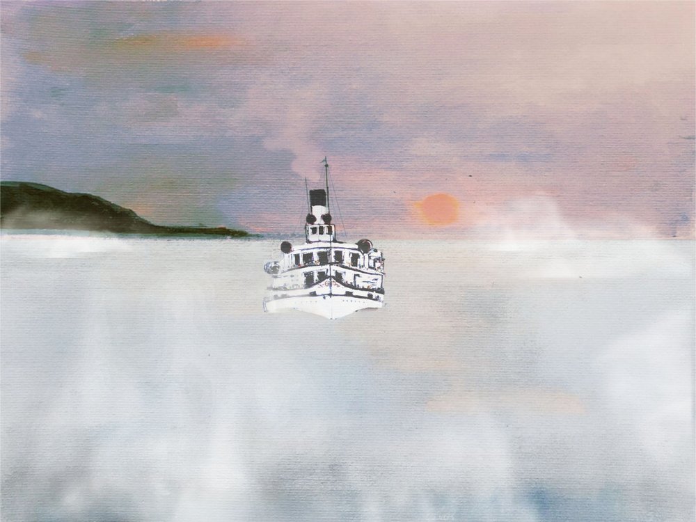 霧のかかった水面に浮かぶ白い舟 作： 