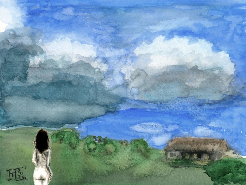 広大な風景を眺める女性 作： 