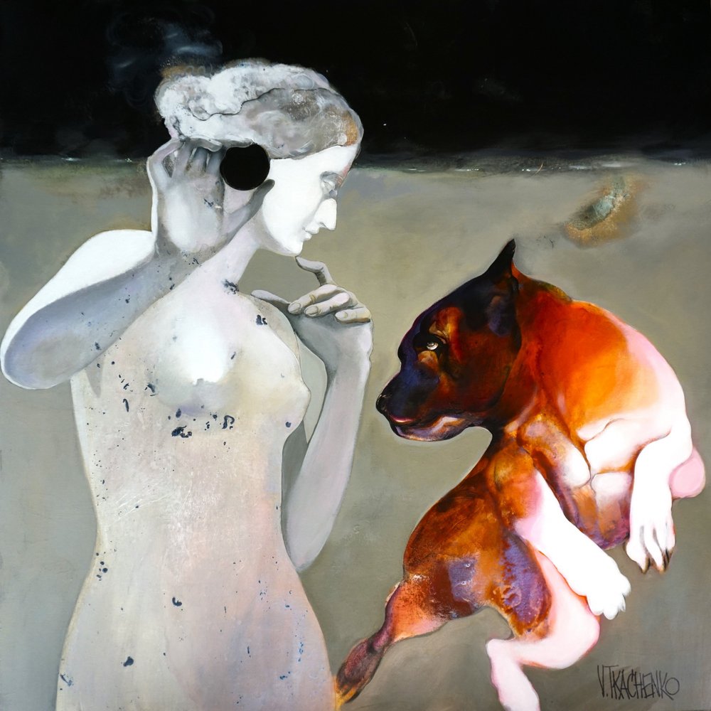物思いにふける女性と犬 作： 