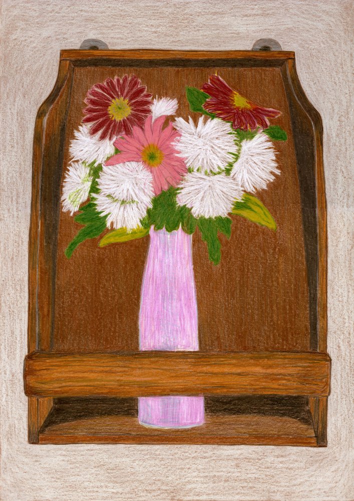 木製の棚の上の花 作： 