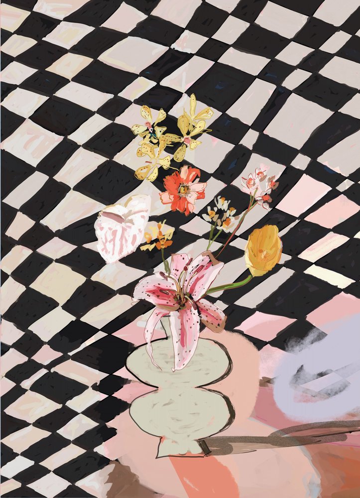 モダンな格子柄の静物画 作： 
