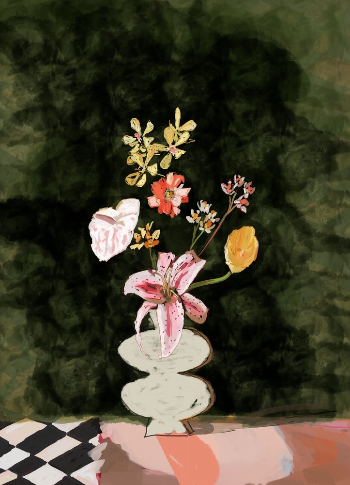 鮮やかな花の静物画 作： 