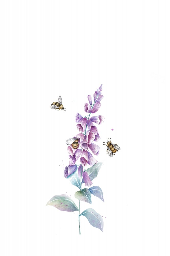 水彩画「ミツバチと花々」 作： 