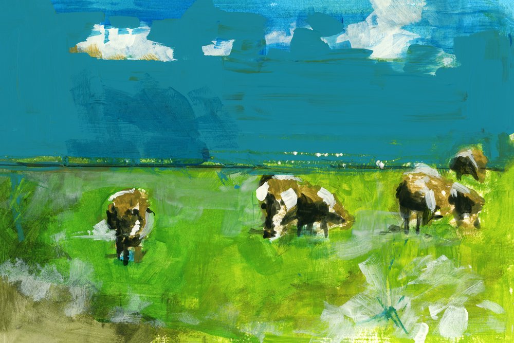 牧草地を歩く牛たちの風景 作： 