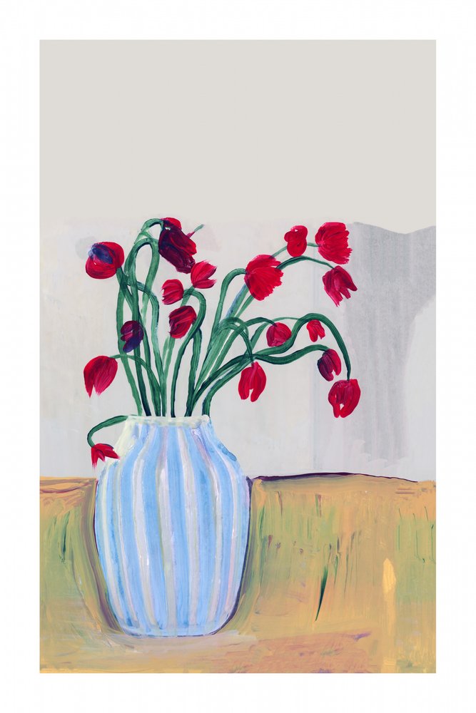 赤い花々の静物画 作： 