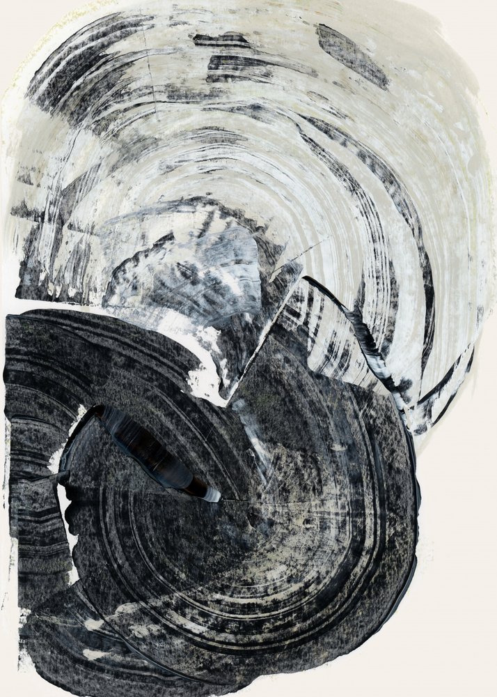 渦巻くモノクロの抽象画 作： 
