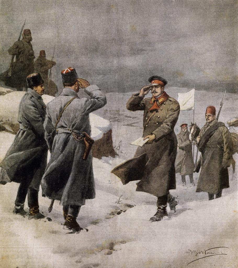 戦争再開、休戦終了を告げるメッセージを携えてブルガリアの陣地に到着したトルコの議員、Achille Beltrame（18711945）作