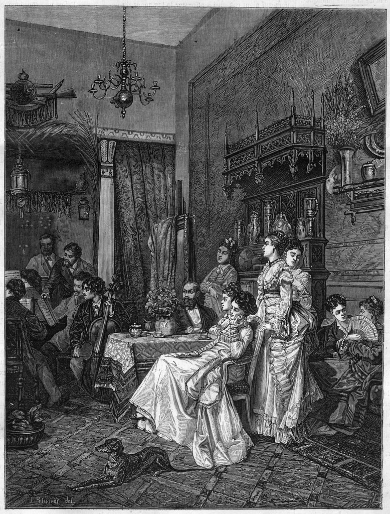 芸術家のスタジオでのアマチュア・コンサート。アドリアン・モロー（18431906）が描いた "幻想的な宇宙 "の後のエングレーヴィング