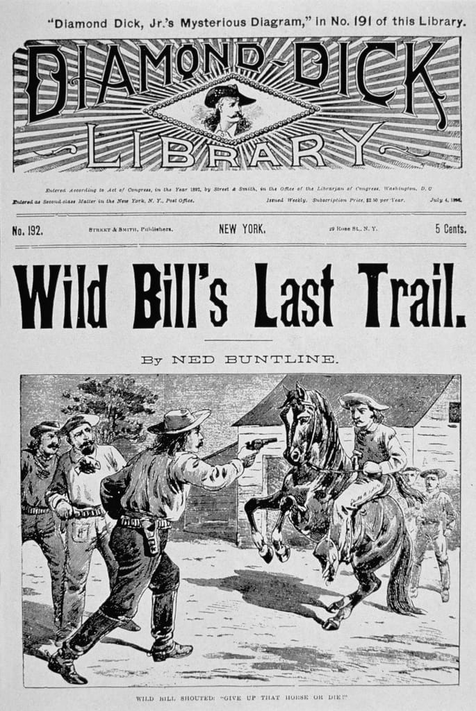 ワイルド・ビル・ヒコック（183776）を主人公にしたネッド・バントラインのダイム小説「Wild Bill's Last Trail」の表紙
