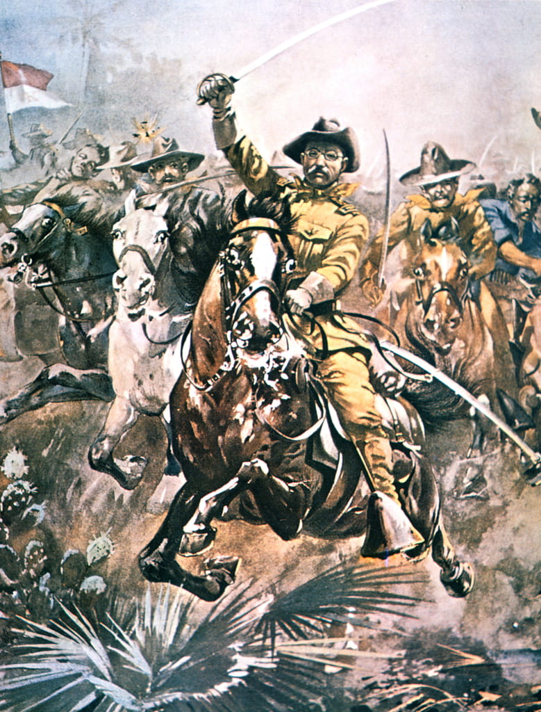 米西戦争で「ラフ・ライダーズ」を率いるセオドア・ルーズベルト（W.G.ロードによる絵画の細部                                    アート作品の設定をする