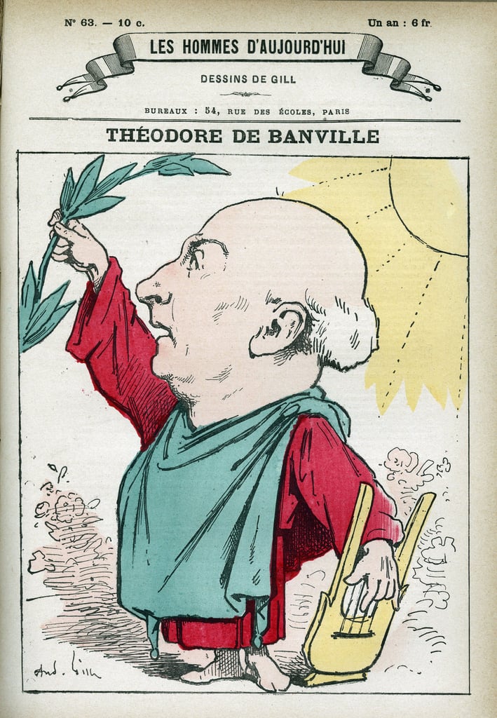 パルナシアン派のリーダーの一人であるフランスの詩人、テオドール・ド・バンヴィル（1823-1891）の肖像。パリのギルによる漫画。                                    アート作品の設定をする