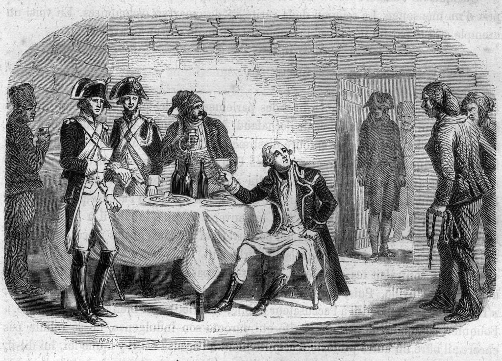 ライン・ヴァール軍総司令官アルマン・ルイ・ド・ゴントー・ド・ビロン公爵の最後の瞬間（1793年没） - アルフォンス・ド・ラマルティーヌ（1790-1869）の「ジロンダンの歴史」に掲載されたエングレーヴィング（1865-1866）。個人コレクション                                    アート作品の設定をする