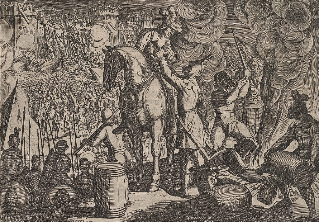 プレート 13 夜のローマの要塞への攻撃、1611 年に公開された「湾に対するローマ人の戦争」より。