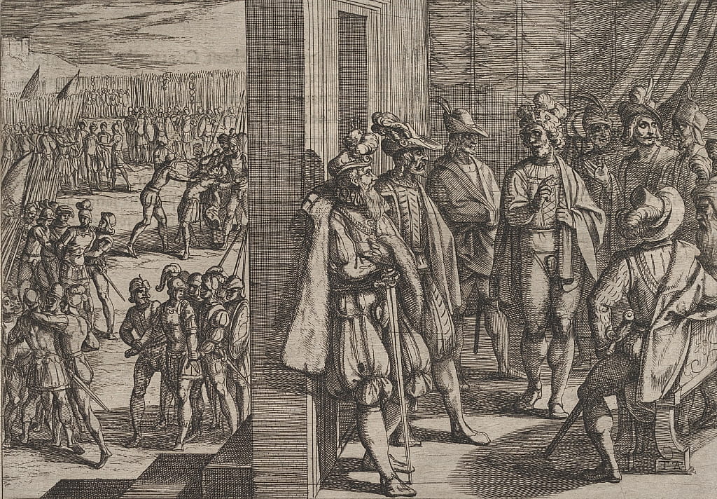 プレート 18 トリアーからの他の指導者とのシビルの秘密の会合、ローマの戦争から...、1611 年。