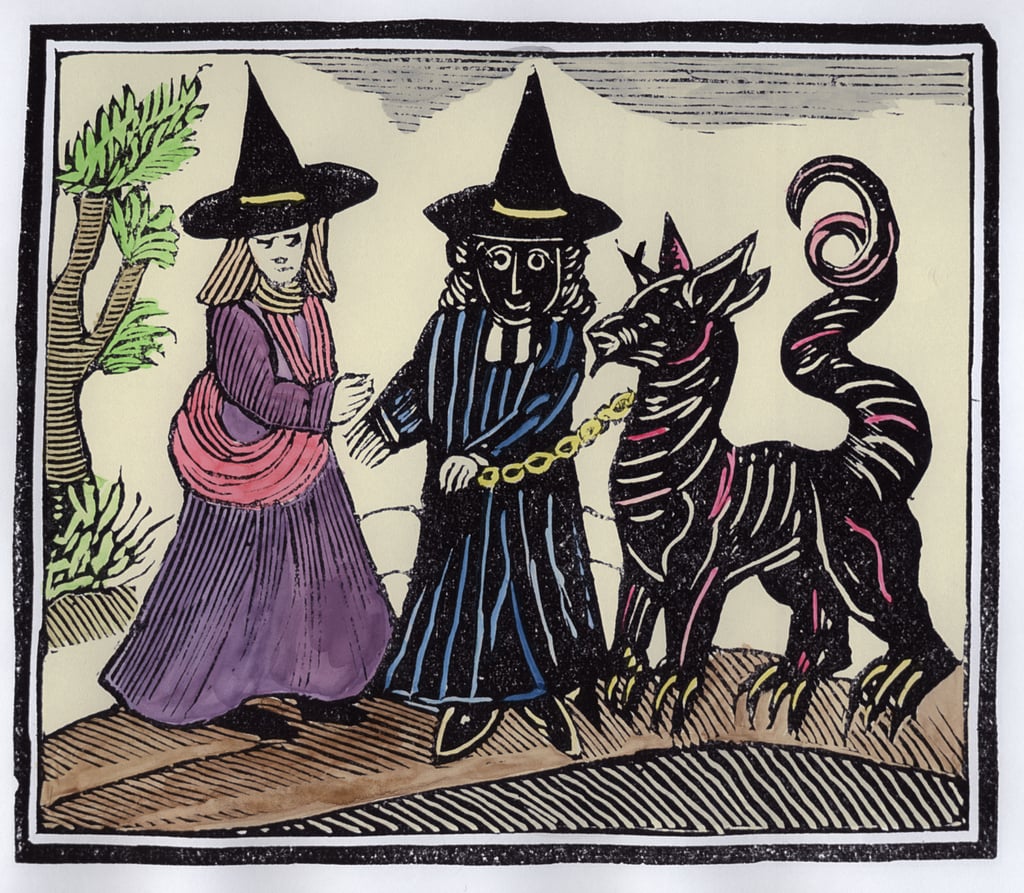 悪魔の動物を持つ黒と白の魔女、エソテリカのチャップブックのコレクションのイラスト（後の着色）                                    アート作品の構成
