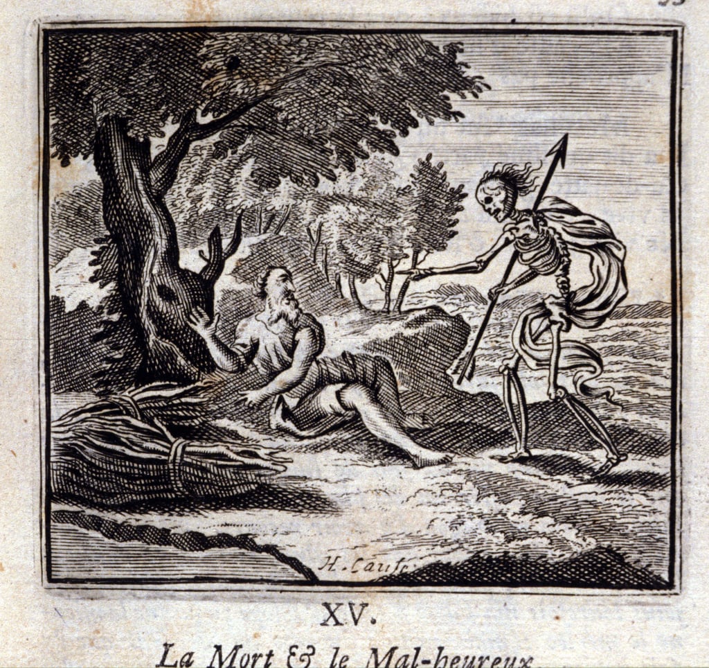 死と不幸。ジャン・ド・ラ・フォンテーヌ（1621-95）の寓話。挿絵はフランソワ・ショーボー（1613-1676）。1728年の版。                                    アート作品の構成