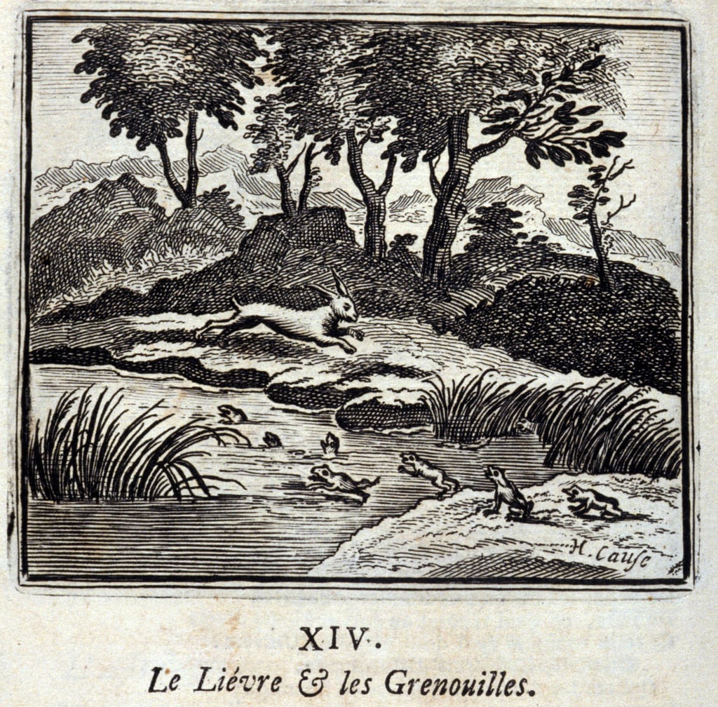 リーヴルとカエル。ジャン・ド・ラ・フォンテーヌ（1621-95）の寓話。挿絵はフランソワ・ショーボー（1613-1676）。1728年の版。                                    アート作品の構成