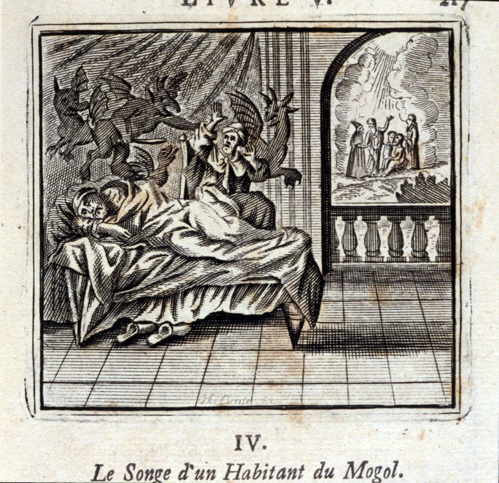 モゴールの住人の夢。ジャン・ド・ラ・フォンテーヌ（1621-95）の寓話。挿絵はフランソワ・ショーボー（1613-1676）。1728年の版。                                    アート作品の構成