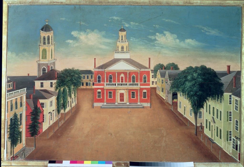 セーラムのコートハウス広場の眺めを描いた1810年から20年までの暖炉