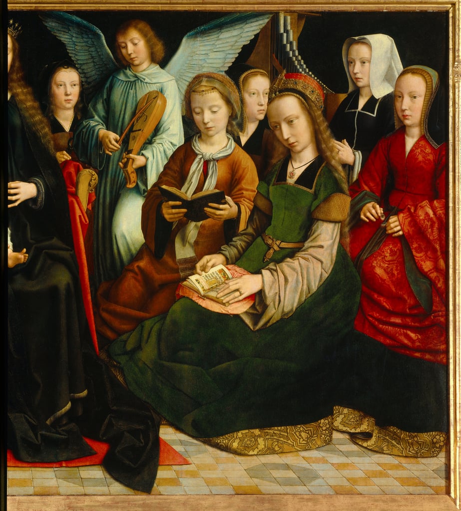 聖女の中の聖母聖人たちの詳細。聖アポリン（またはアポロニア）、聖ゴデリン、聖セシル、聖バルベ、聖ルチア。ジェラール・ダヴィッド（1460