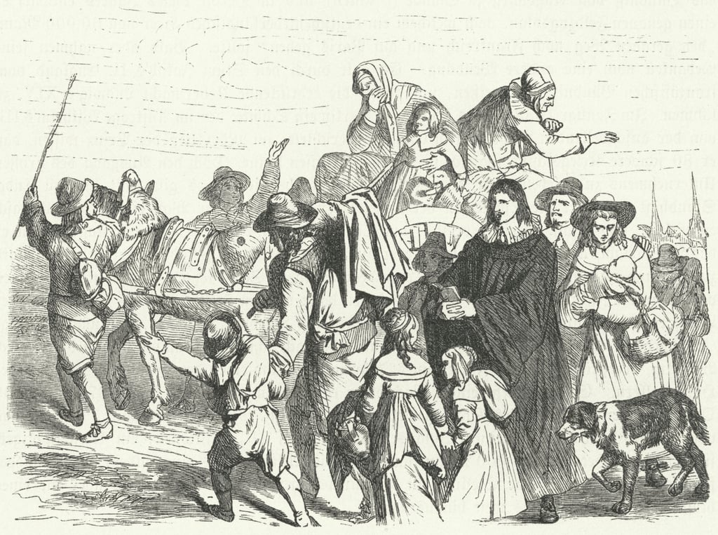 1685年に大選帝侯フレデリック・ウィリアムがポツダム勅令を発布した後、ブランデンブルクにフランスのユグノー系移民が到着したこと（エングレーヴィング                                    アート作品の設定をする