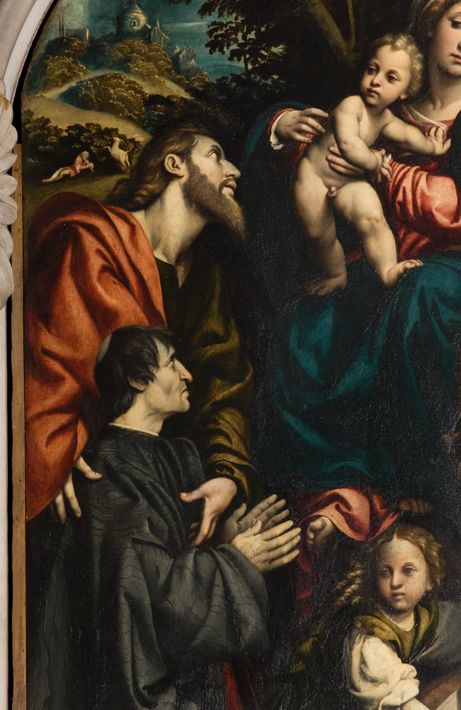 聖カタリナ祭壇、聖フィリッポとヤコブの間の聖母子と献体ジャコモ・スキッツィ、イル・ポルデノーネ 1522年、詳細